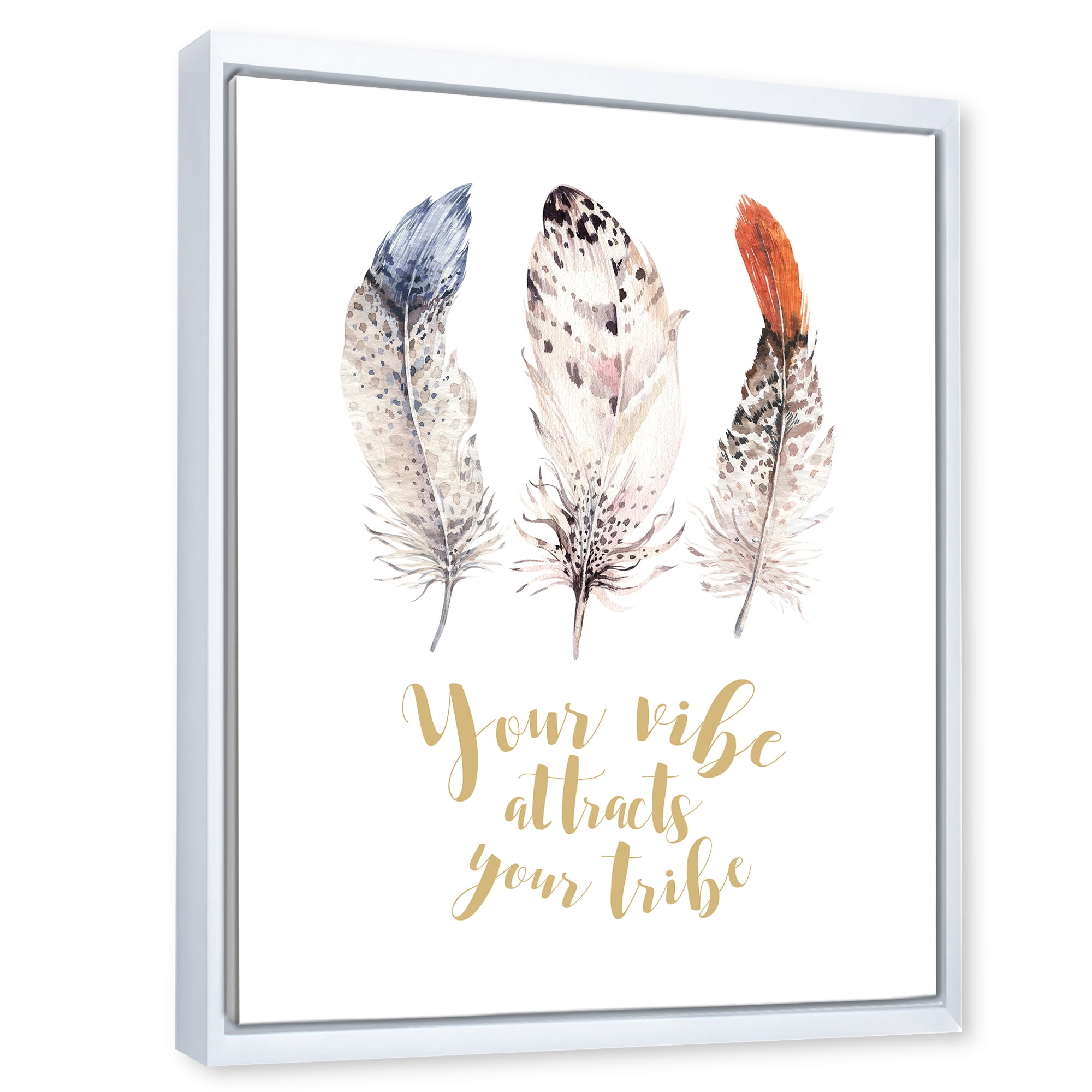 Designart 'Your Vibe Attracts Your Tribe Ethnic Feathers II' Bohemian & Eclectic Framed Canvas Wall Art Print