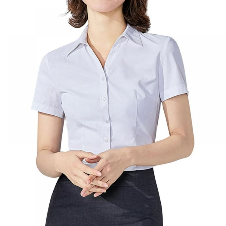 Women's Cotton Basic Simple Stretch Button Down Shirt Tailored Short Sleeve  Blouse
