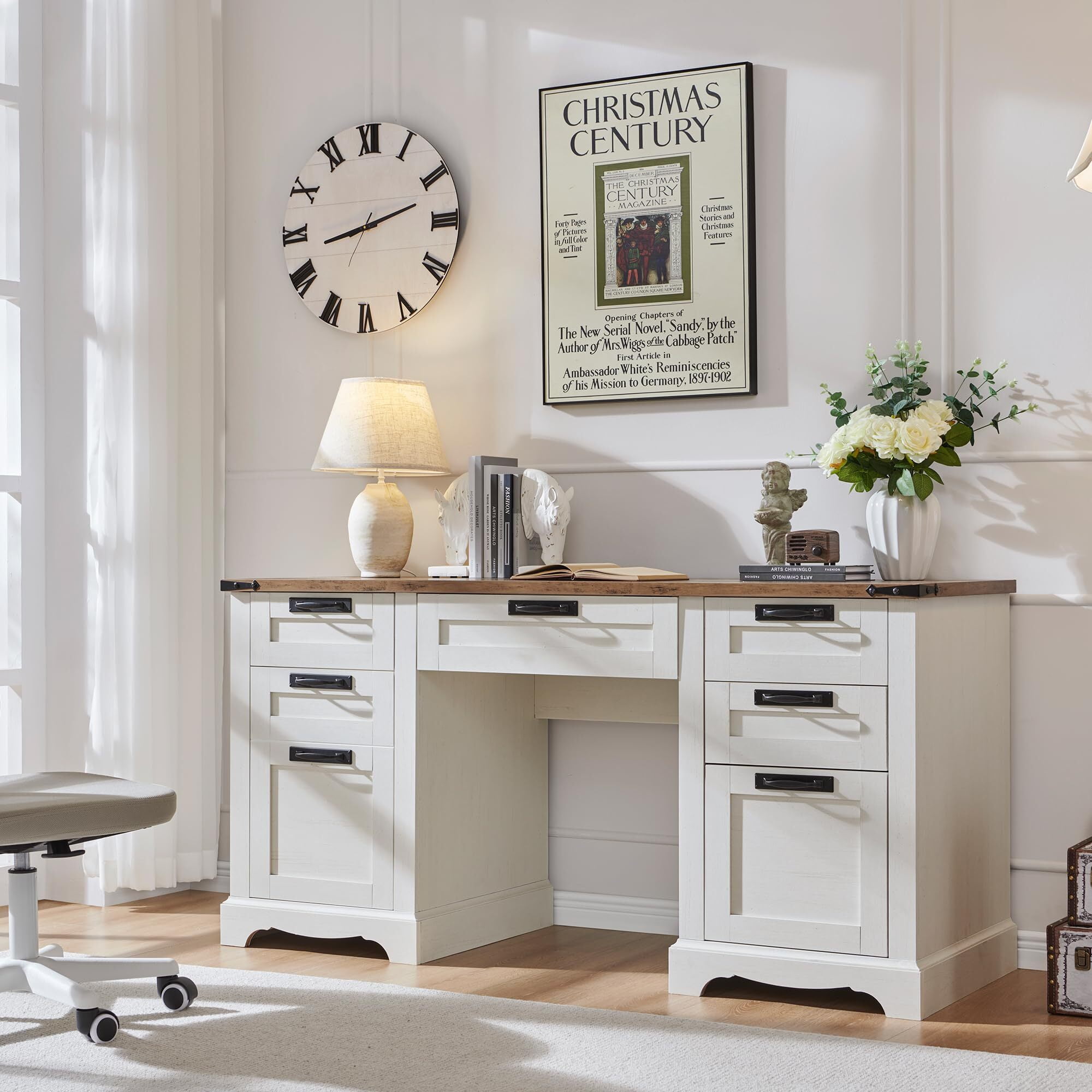 OKD Farmhouse Executive Desk, Rustic Office Desk with Charging Station and Keyboard Tray,Home Workstations with File Drawer, Storage Cabinet,Wood Computer Writing Desk, Antique White