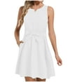 thumbnail image 2 of Sakmal White Summer Dresses for Women 2024 Mid-Length Notch Neck Solid Tie Pleated Sleeveless A-Line Dress, 2 of 6