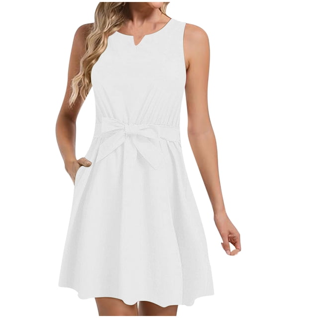 AherBiu Robe pour Femmes 2024 Élégante Tendance Sans Manches Débardeur Robe Midi Fluide Froncée Longueur Genou Robe d'Été