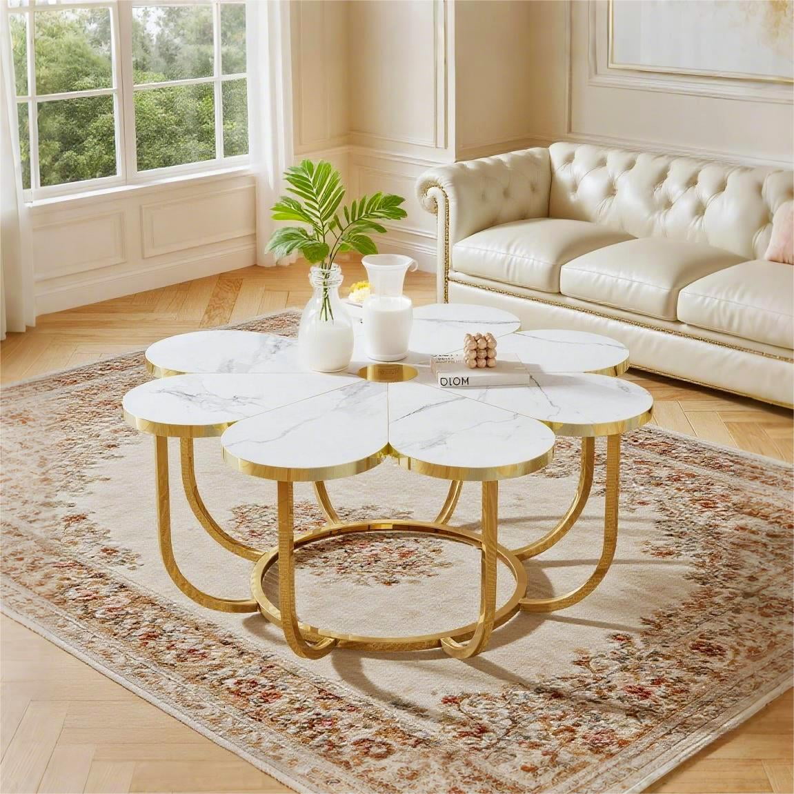 Fnova 39.37" Flower-Shaped Coffee Table, Modern Floral Accent Center Table with Faux Marble Tabletop & Metal Frame for Living Room, Bedroom & Lounge