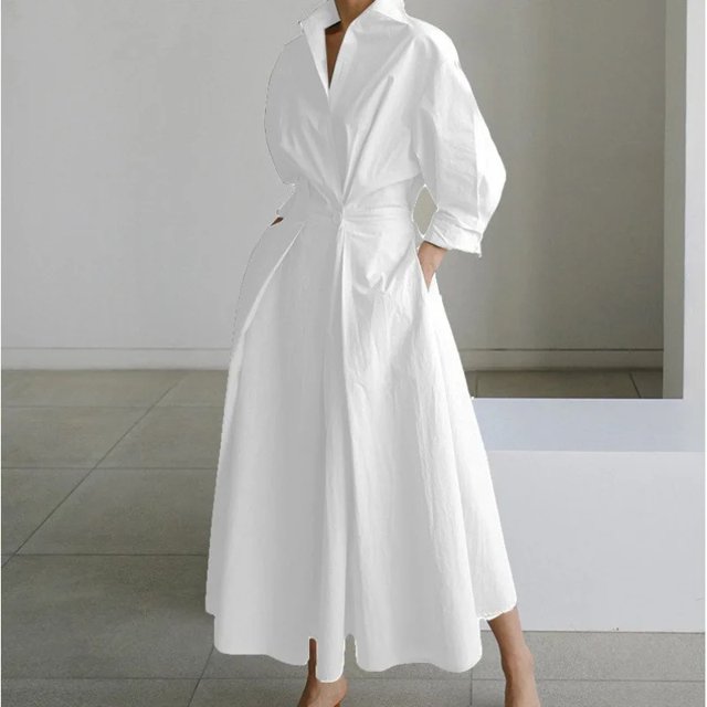 Women's Polo Collar Long Sleeve Maxi Dress - Ankle-Length, Elastic, Button Detail, Polyester