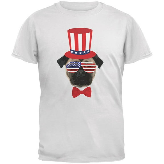 4th of July Funny Pug White Adult T-Shirt - Large