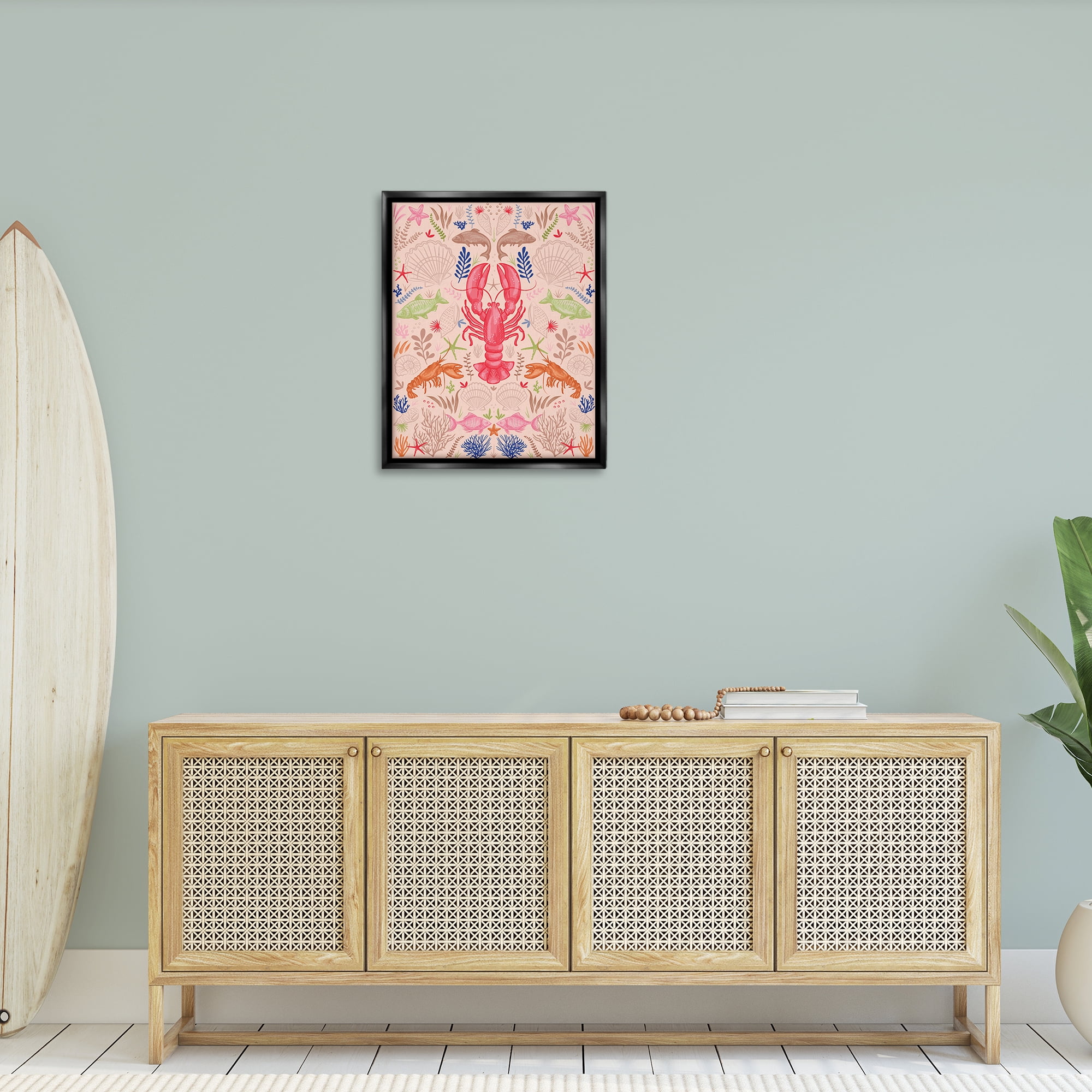 Stupell Industries Symmetrical Sea Life Nautical & Beach Painting Black Floater Framed Canvas Art Print Wall Art, 25 x 31