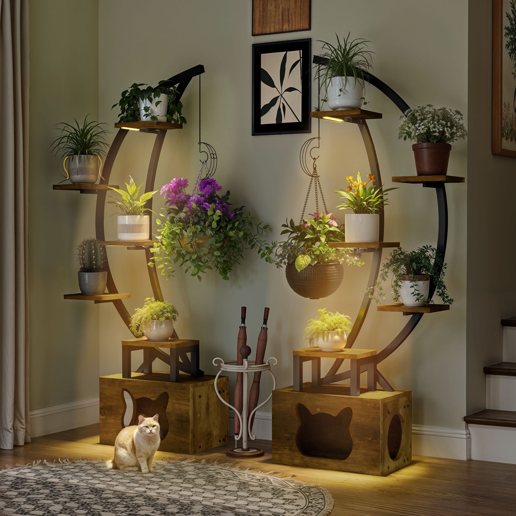 Uforic 65" Plant Stands Indoors with Grow Lights, Half Moon Metal Storge Shelf,Multiple Pots Metal Flower Stands with Cat Litter Box
