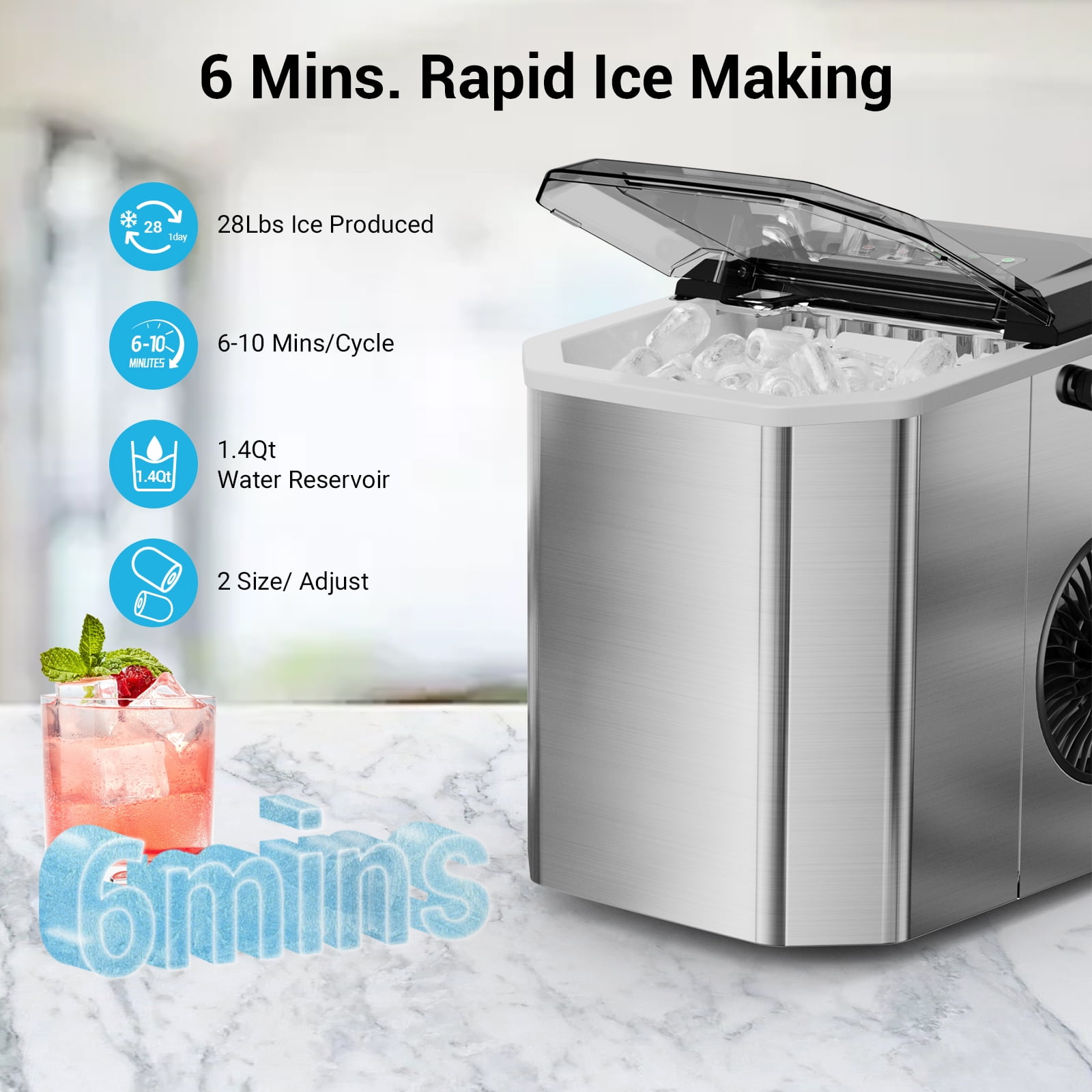 Ecojoy Countertop bullet Ice Maker with One-Click Operation & Self-Cleaning, 28Lbs/24H, Portable for Home/Office