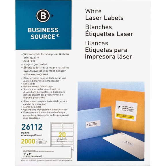 Business Source Bright White Premium-quality Address Labels - 1" x 4" Length - Permanent Adhesive - Rectangle - Laser, Inkjet - White - 20 / Sheet - 100 Total Sheets - 2000 / Pack | Bundle of 5