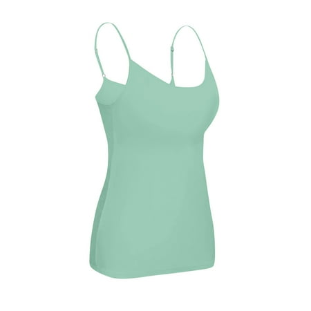 CHCNHAC Women s Tank Top with Shelf Bra Square Neck Spaghetti Strap Tank Top Solid Double Lined Camisole Tops Loose Fit Summer Layer Bralette Turquoise 2XL