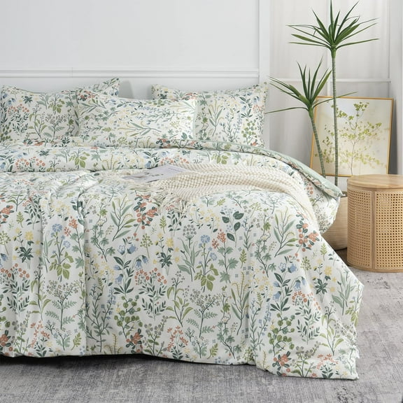 Nayoroom 3 Pieces Floral Comforter Set Soft Bedding Comforter Set Garden Style Green Red Flower Print Botanical Flowers Comforter Set for All Seasons