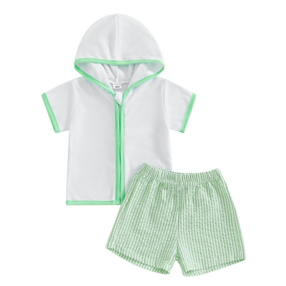 Ruyang Toddler Boys Swim Cover Up Terry Towel Zipper Hooded Tops Linen Shorts 2pcs Set Girls Beach Bathing Suit Coverups
