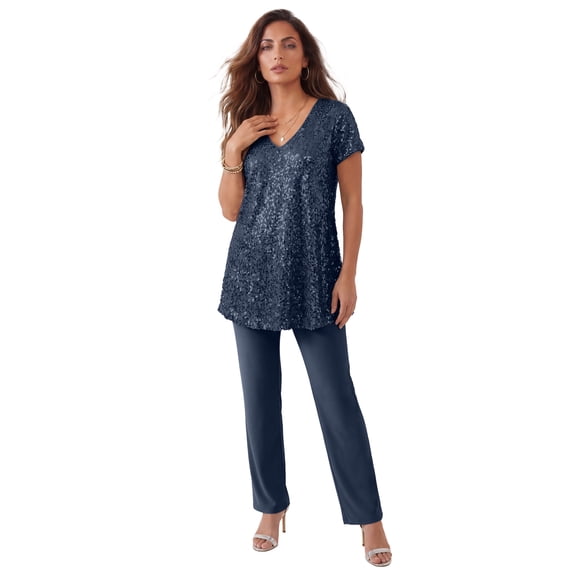 Roaman's Women's Plus Size Plus-Size 2 Piece S/S Sequin Top And Pant Set