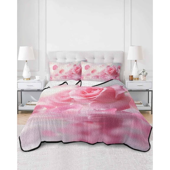 Quilts Twin XL Size, Pink Rose Fantasy Soft Comforter Bedding Set for Bed, Elegance Floral Romantic Reflection Lightweight Quilted Bedspread with Pillow Cover(2 Pieces) for All Season, 68x98 Inch