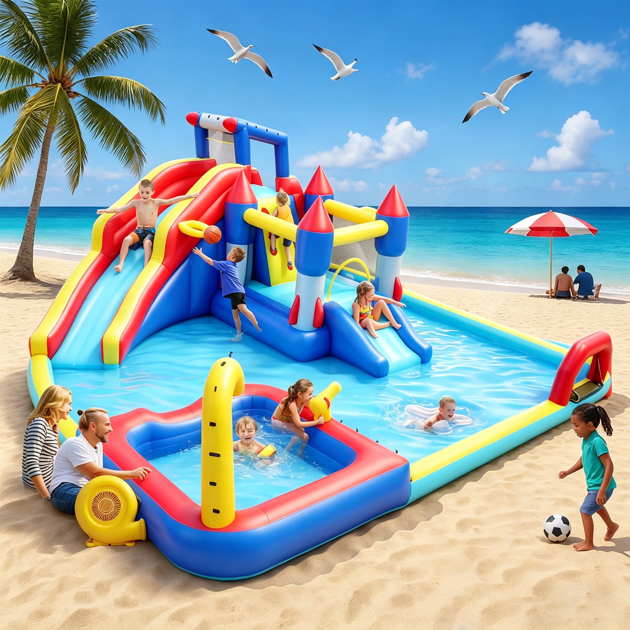 HNH 10 in 1 Inflatable Water Slide Kids Bounce House with Splash Pool & Water Gun & Basketball & Climbing Wall & Dual Pools & Soccer,650W Air Blower, 18.92x17.08FT