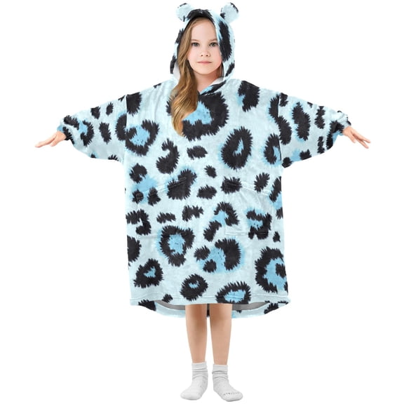 Blue Black Leopard Skin Print Flannel Wearable Blankets Hooded Design Long Sleeves Wrap Unisex for 3T-14Y S