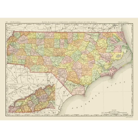 Historic State Map - North Carolina - Rand McNally 1897 - 23 x 30.94 - Vintage Wall Art