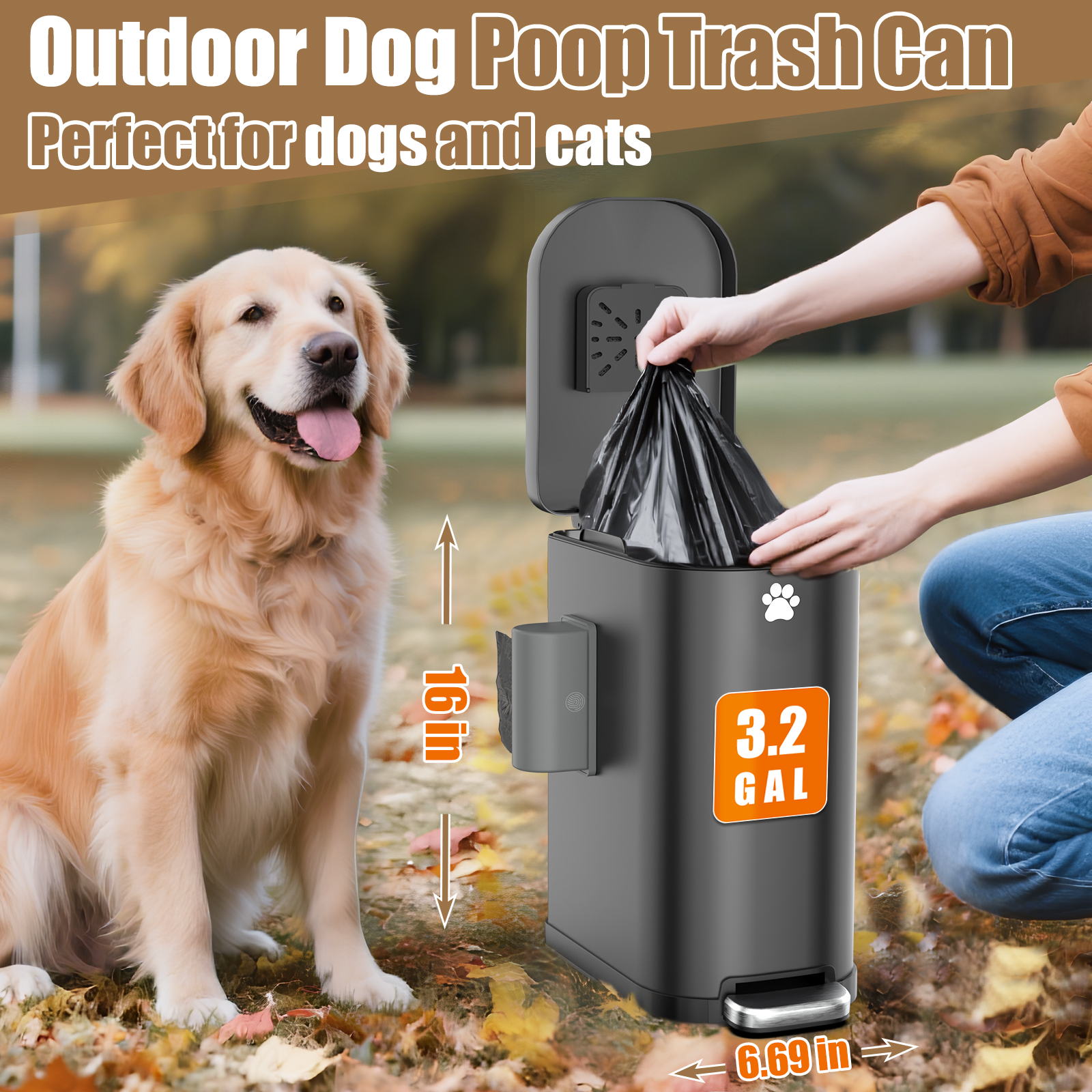 organizelink Dog Poop Trash Can Outside with Odor Control Lid & Step Pedal, 3.2Gal Stainless Steel Outdoor Trash Can, Waterproof Dog Waste Container - Includes 3 Carbon Filters & Bin Bag Holder