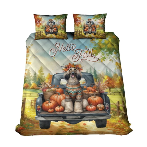 Hello Fall Autumn Afghan Hound Pumpkins Pickup Truck Quilt Bedding Set Dog Lover 1 Blanket Bed Cover 2 Pillowcases - 13011