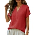 thumbnail image 6 of Miluxas Women's V-Neck Cotton Linen Shirt Top Summer Casual Cap Sleeve Loose Fit Blouse Solid Comfy Business Tunic Blouse Red, 6 of 6