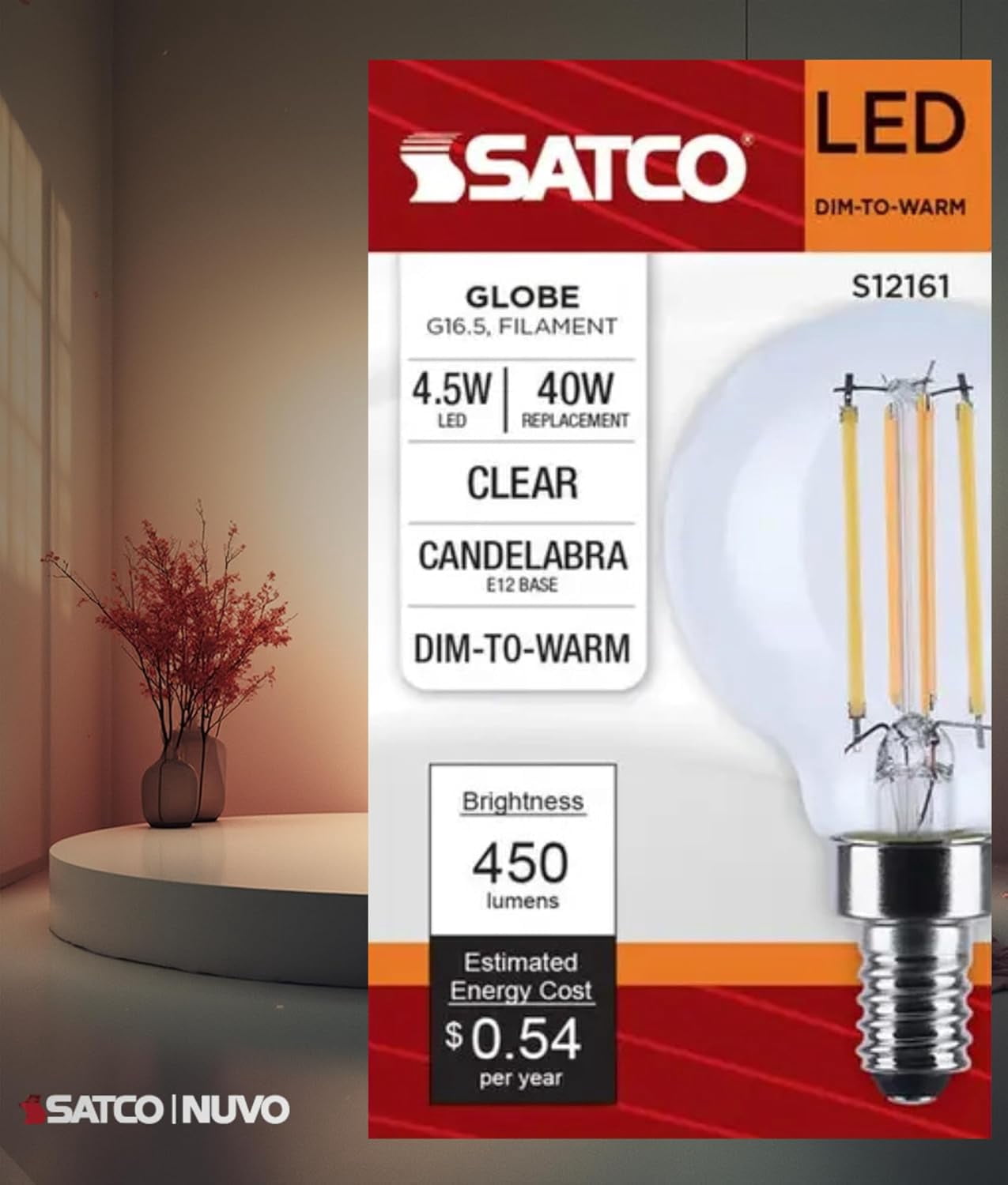 Satco S12161 G16.5 Globe LED Filament Light Bulbs 4.5W 120V 3000K 90+CRI E12 Candelabra Base Dimmable WET Location (6 Pack)