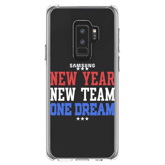 DistinctInk Clear Shockproof Hybrid Case for Samsung Galaxy S9  PLUS (6.2" Screen) - TPU Bumper Acrylic Back Tempered Glass Screen Protector - New Year New Team One Dream