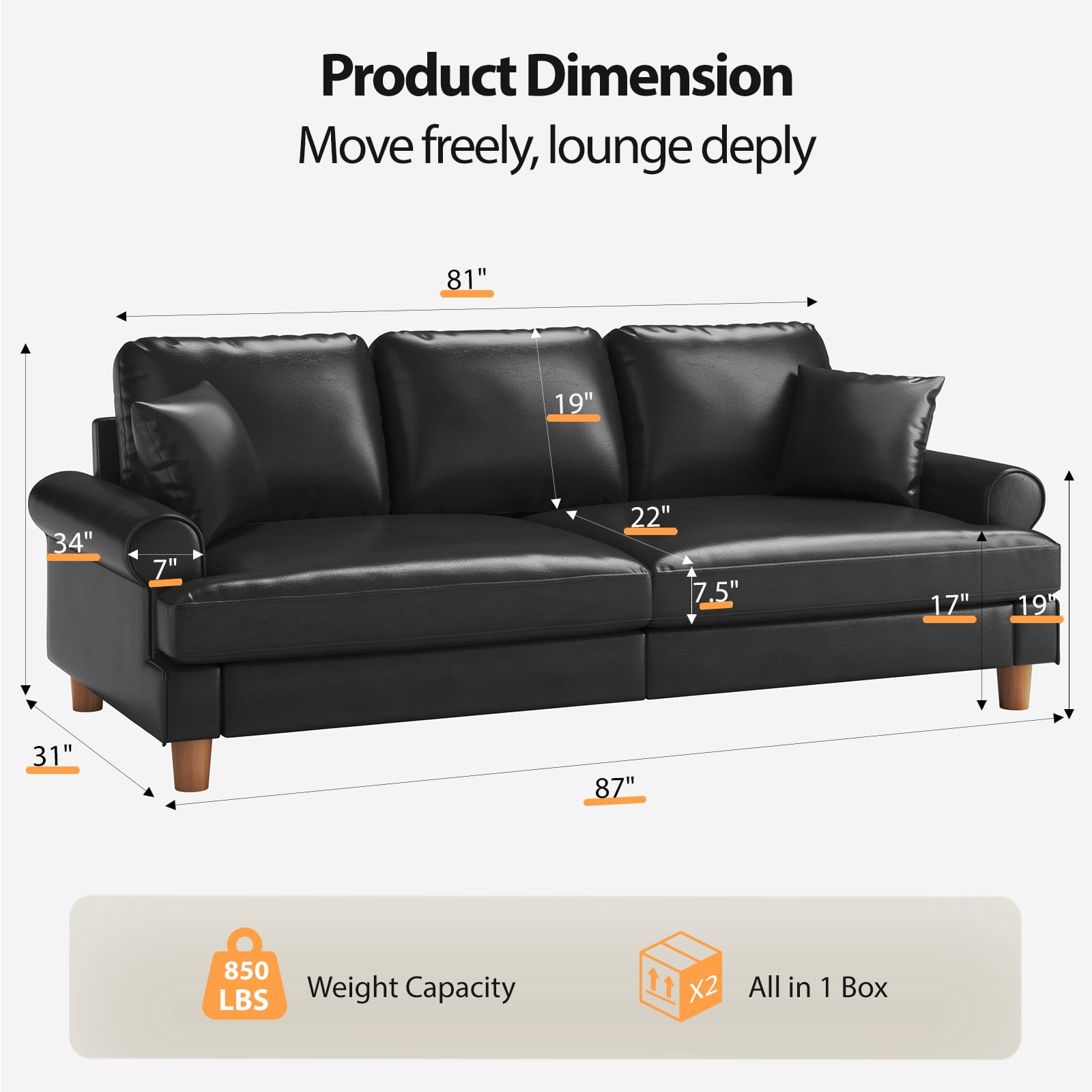 87" Couch Premium PU Leather Sofa, Comfy Extra Deep Seat 3 Seater Couch for Living Room, with 2 Pillows, Black