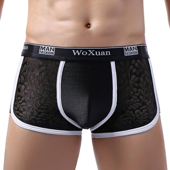 Iugvhana Men's Lace Boxer Briefs Underwear Breathable Low Rise Bulge Enhancing Pouch Trunks Pack M L XL 2XL Black L
