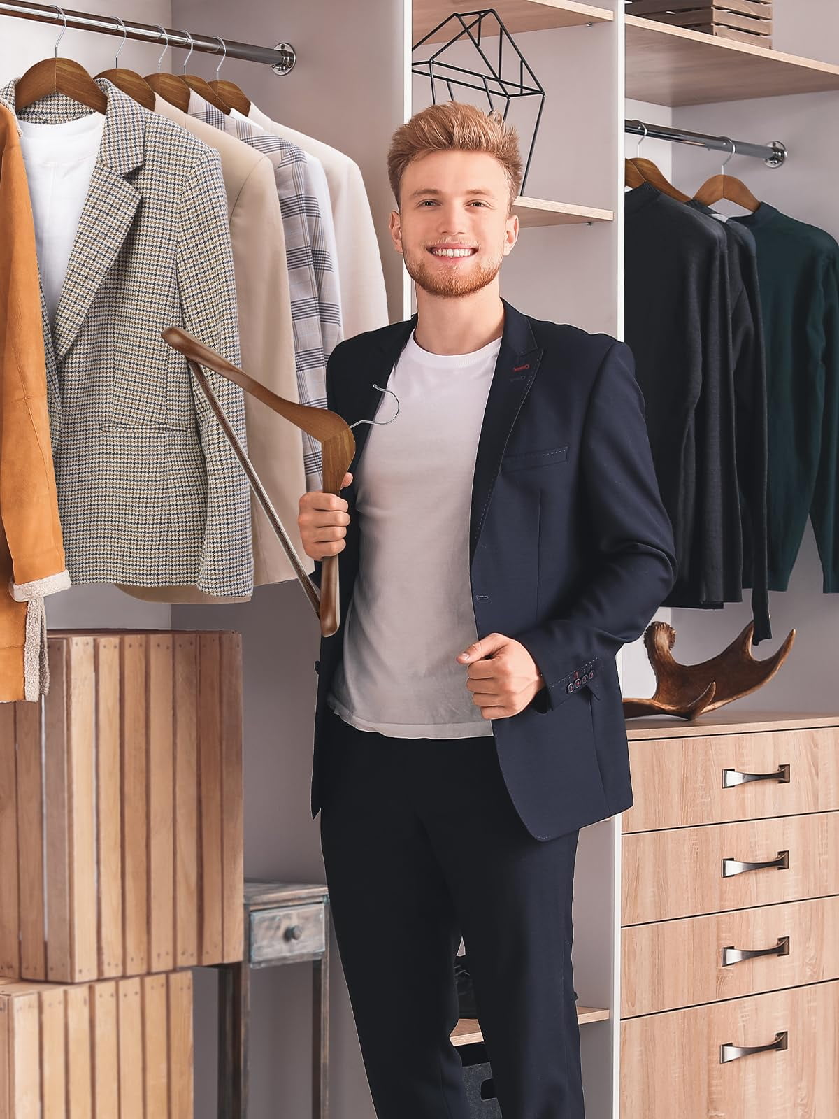 HOUSE DAY Wide Shoulder Wooden Hangers, Solid Wood Hanger for Suits, Coat, Clothes, 12 Pack