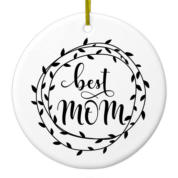 DistinctInk Hanging Ceramic Christmass Tree Ornament with Gold String - Great Gift / Present - 2 3/4 inch diameter - Best Mom - Vine Wreath