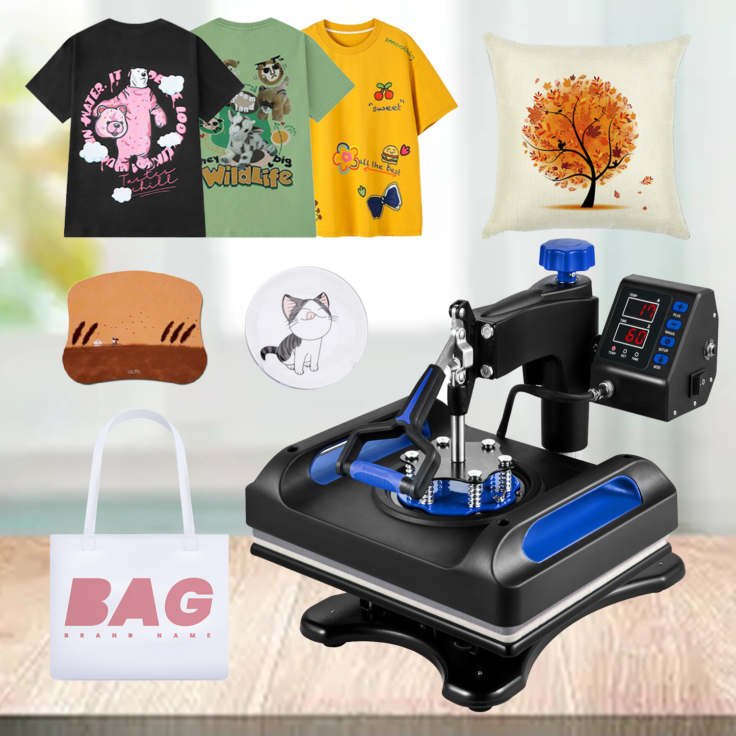 Multifunctional Heat Press Machine 38X38CM 5 in 1, 15" x 15" Heating Press Sublimation Machine 360° Rotation Swing Away T-Shirt Printing Machine for DIY T-Shirts Cap Mugs
