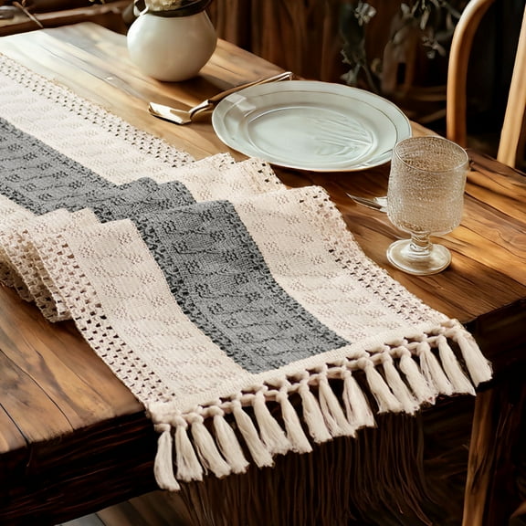 TickJOY Boho Table Runner – Farmhouse Decor Macrame Runner Table Cloth with Tassels for Home Decor, Kitchen Decor, Living Room Decor, Centerpiece Table Decorations(Grey/Beige, 12x72 Inches)