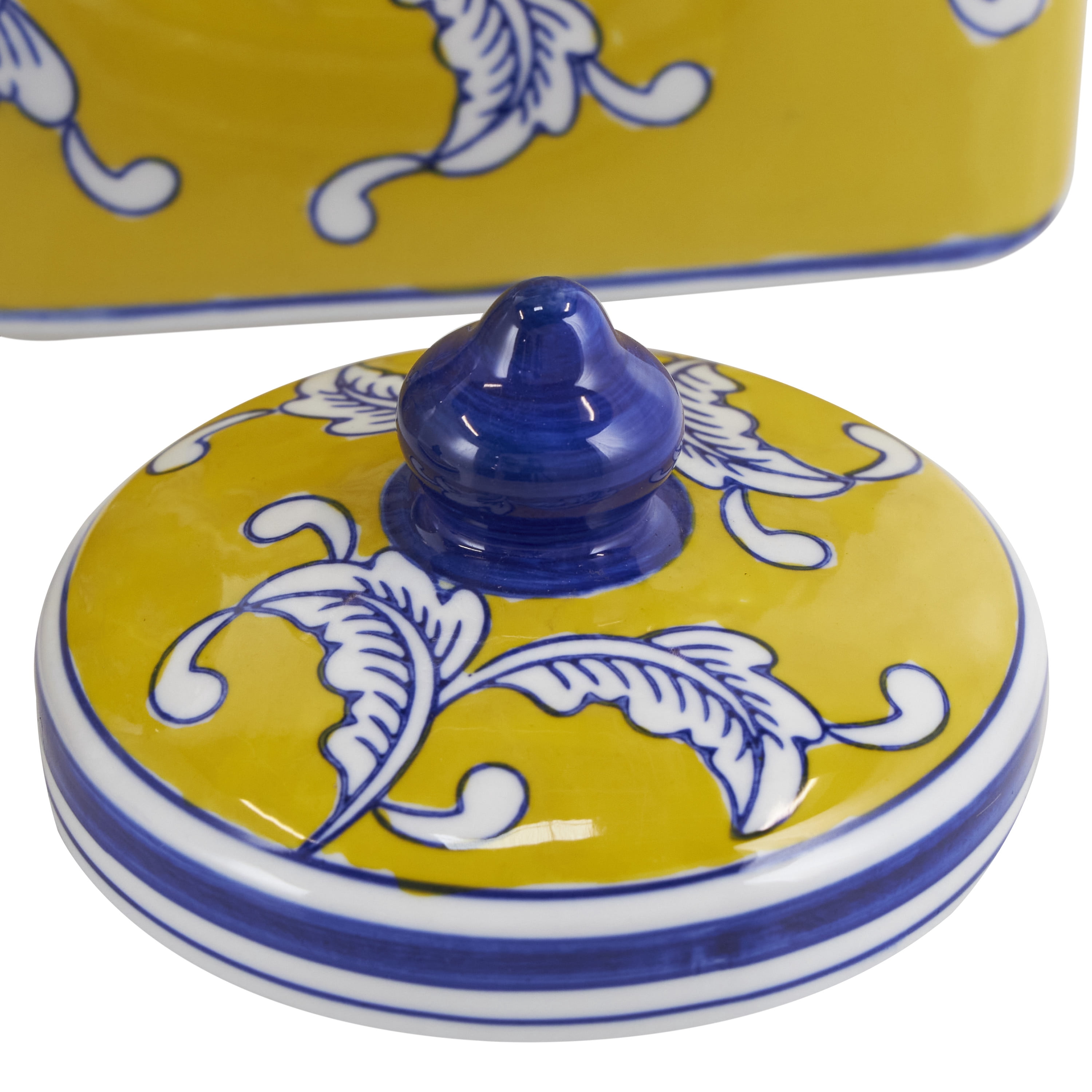 DecMode 10", 12"H Yellow Ceramic Floral Decorative Jars with Blue and White Accents, 2-Pieces