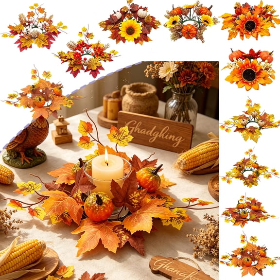 PoyoKee Fall Wreath - Halloween Indoor Decor, Halloween Pumpkin Maple Leaf Candle Wreaths for Front Door, Thanksgiving Fall Decor for Table, 13.8"