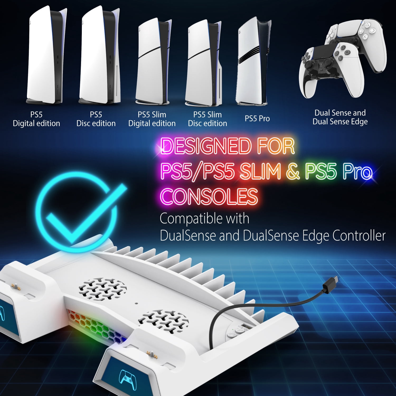 Fosmon PS5 Stand and Cooling Station with RGB LED Light, Dual Charging Station for DualSense/Edge Controller, 15 Game Slots, Headset Holder (Compatible with PlayStation 5 Slim Disc & Digital Version)