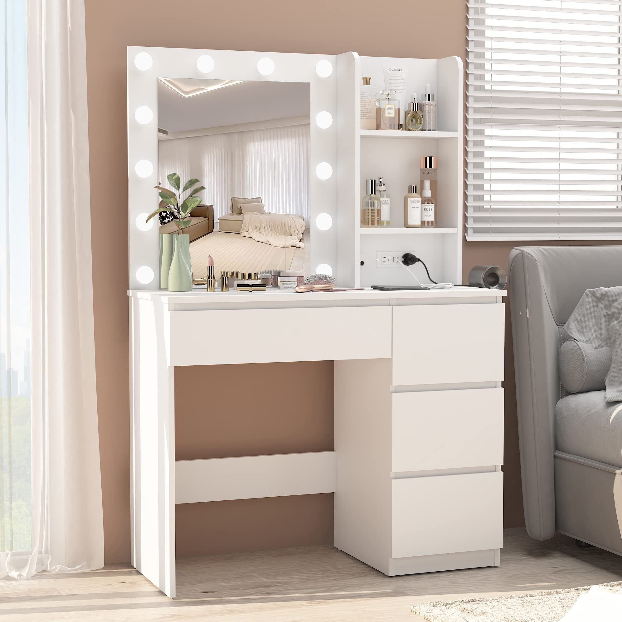 Veanerwood Makeup Vanity with Lights, Bedroom Vanity Table with Power Strip, Modern Dressing Table, 4 Drawers, White