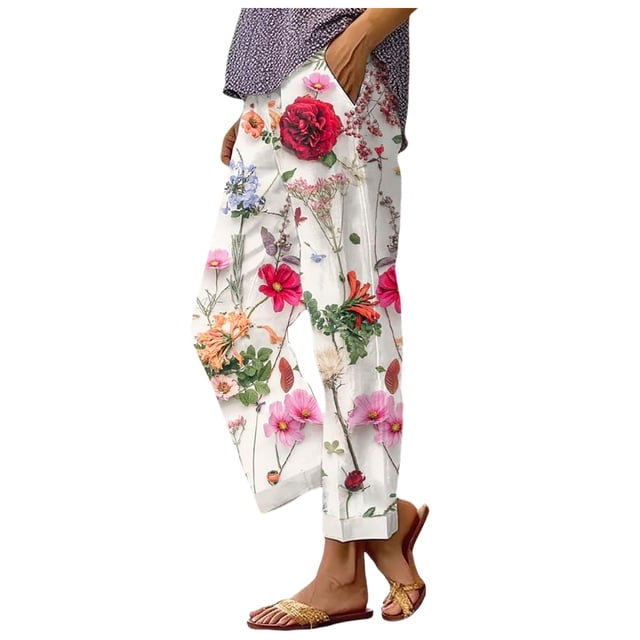 Fgnfyis Pantalon Décontracté Taille Haute à Imprimé Bohème pour Femmes avec Poches, Style Crayon, Rouge Melon D\'eau, TTG