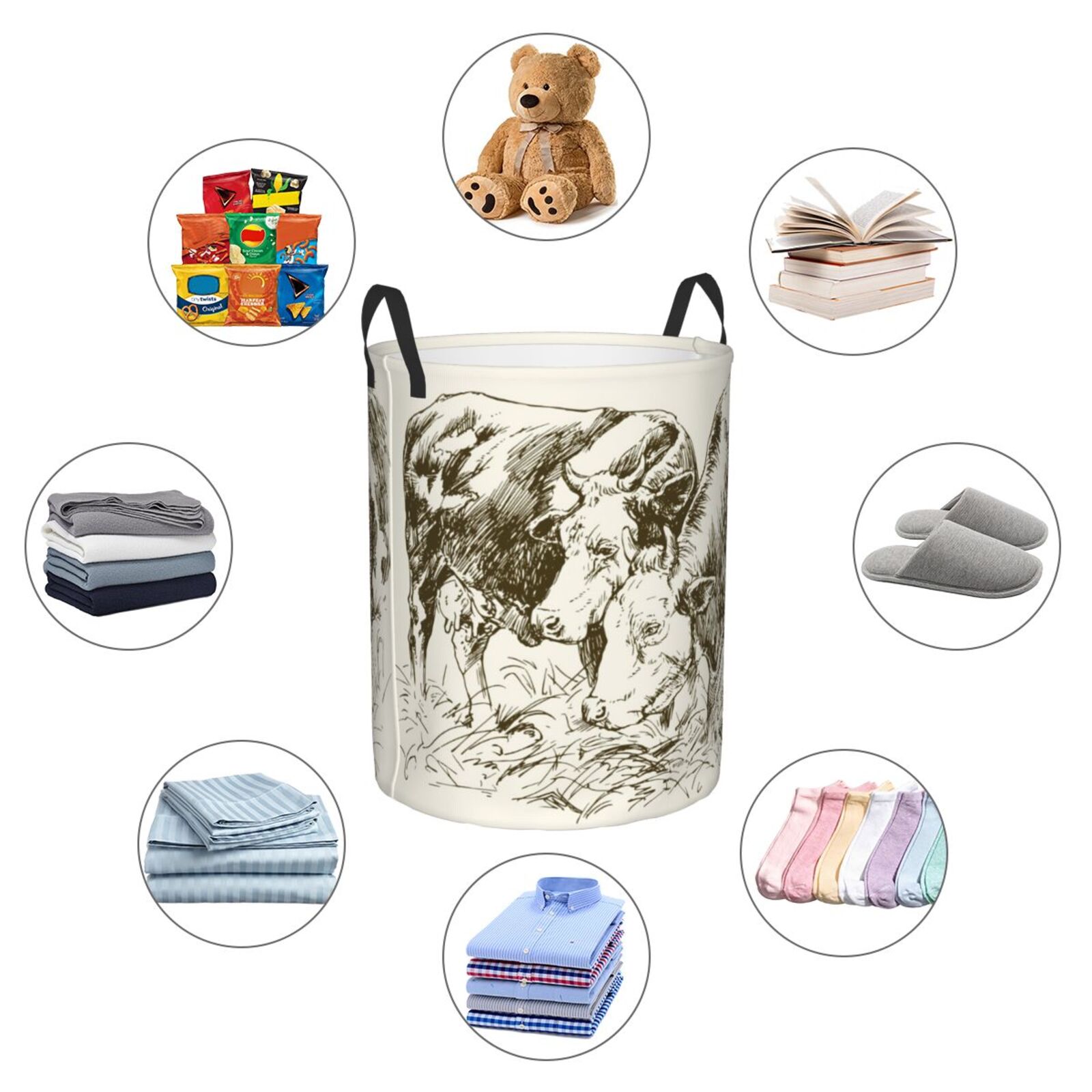 Large Laundry Basket with Handles - Cows Grazing On Meadow 1 Kids Baby Dirty Clothes Laundry Hamper for Bedroom Aesthetic