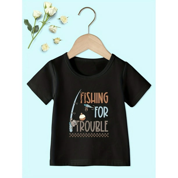 Kids' "Fishing for Trouble" Print Short Sleeve Cotton T-Shirt - Casual Crew Neck, Slight Stretch, Summer Tops for Boys, Knit Fabric, Regular Fit - Sizes for Ages 12 And Under