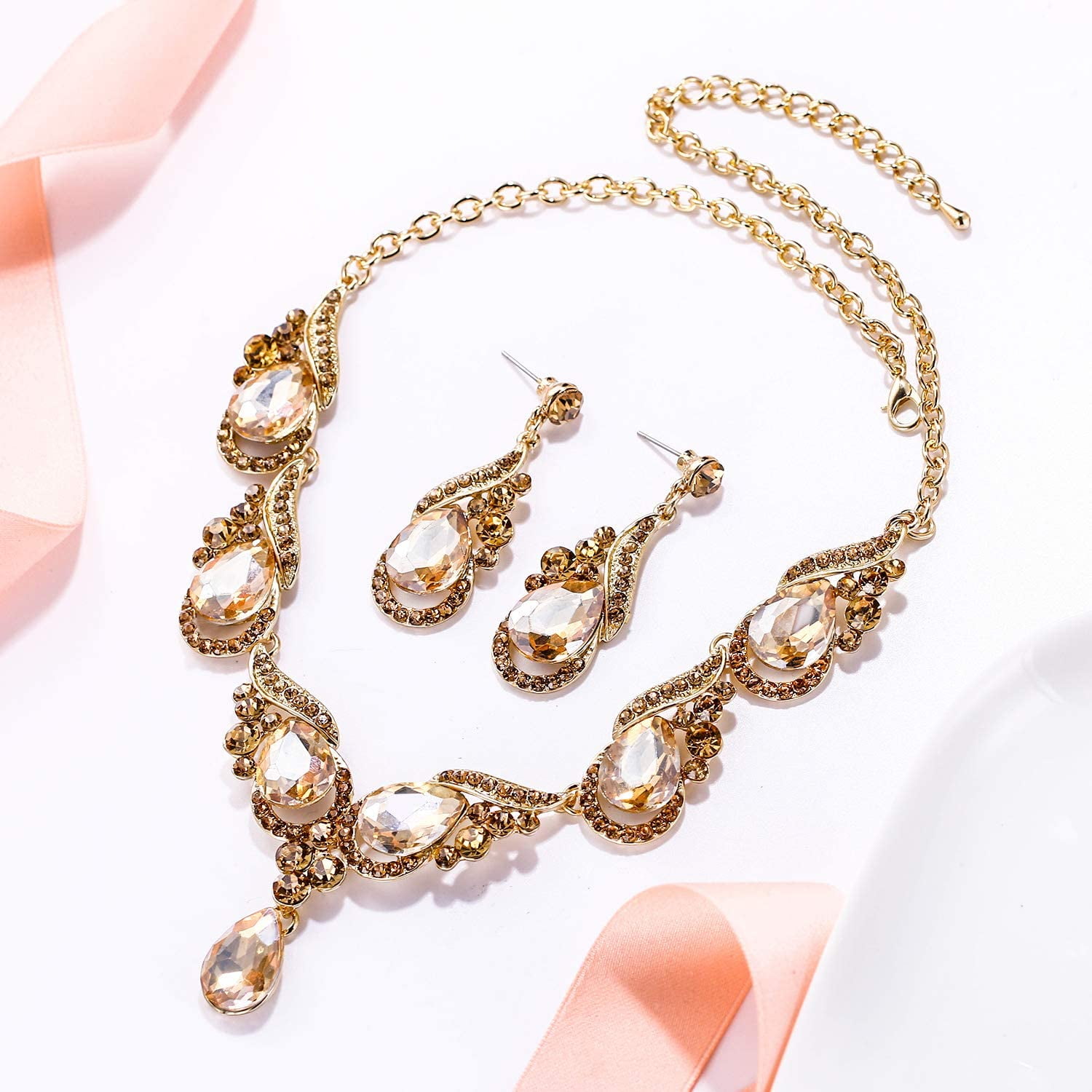 EVER FAITH Womens Crystal Luxury Floral Wave Spindrift Waterdrop Bridal Necklace Earrings Set 