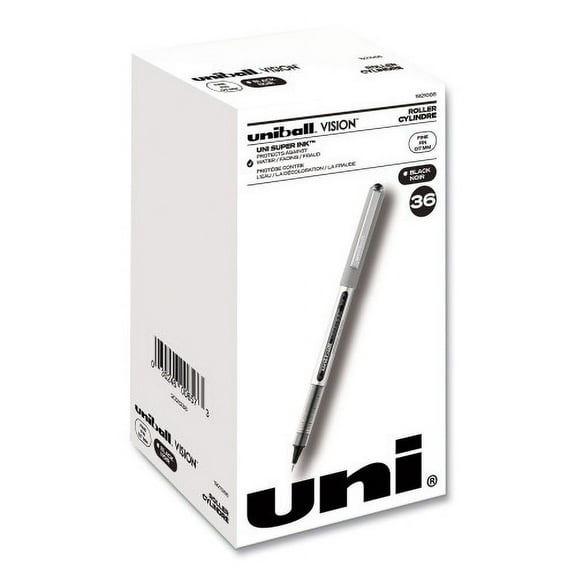 uni-ball VISION Roller Ball Pen, Stick, Fine 0.7 mm, Black Ink, Silver Barrel, 36/Pack