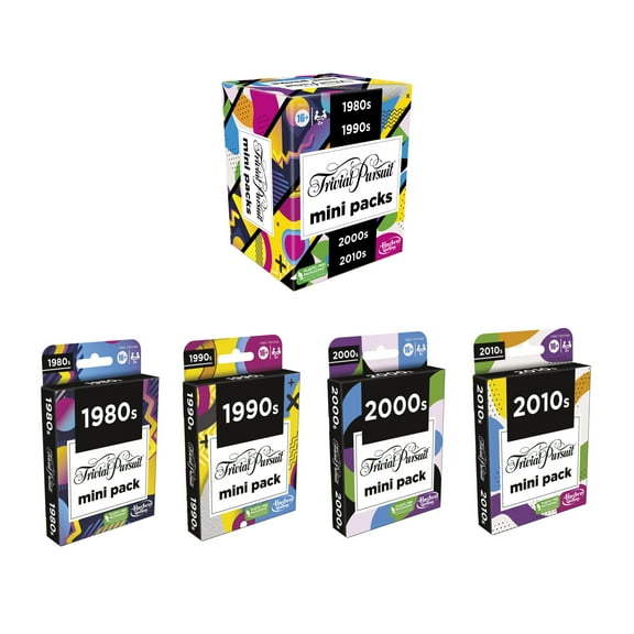 Trivial Pursuit Game Mini Packs Multipack, 4 Packs, 4 Decades of Trivia Questions, 16 