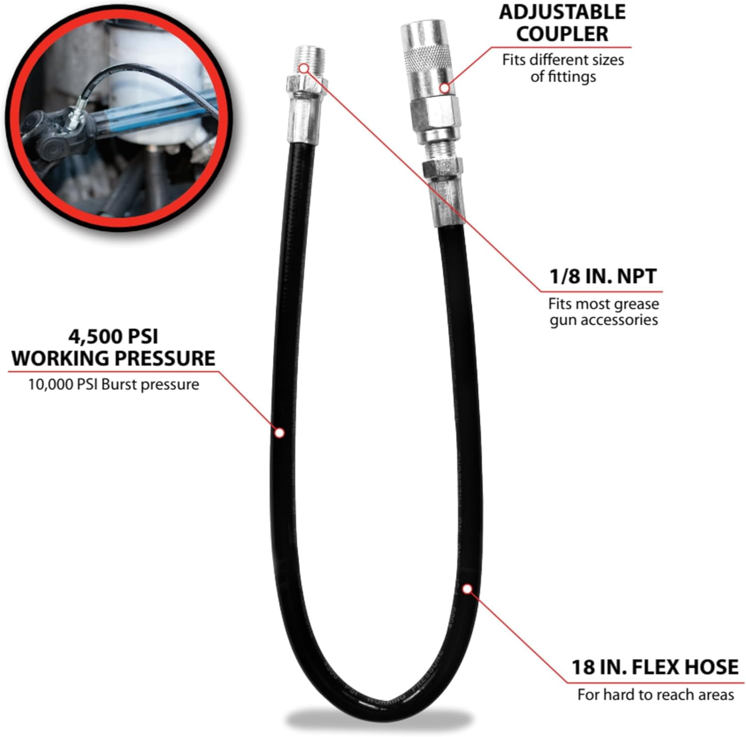 MKEUDQ-W54211 18-Inch Flex Grease Gun Hose Extension With Coupler, 4,500 Working PSI (1/8 NPT)