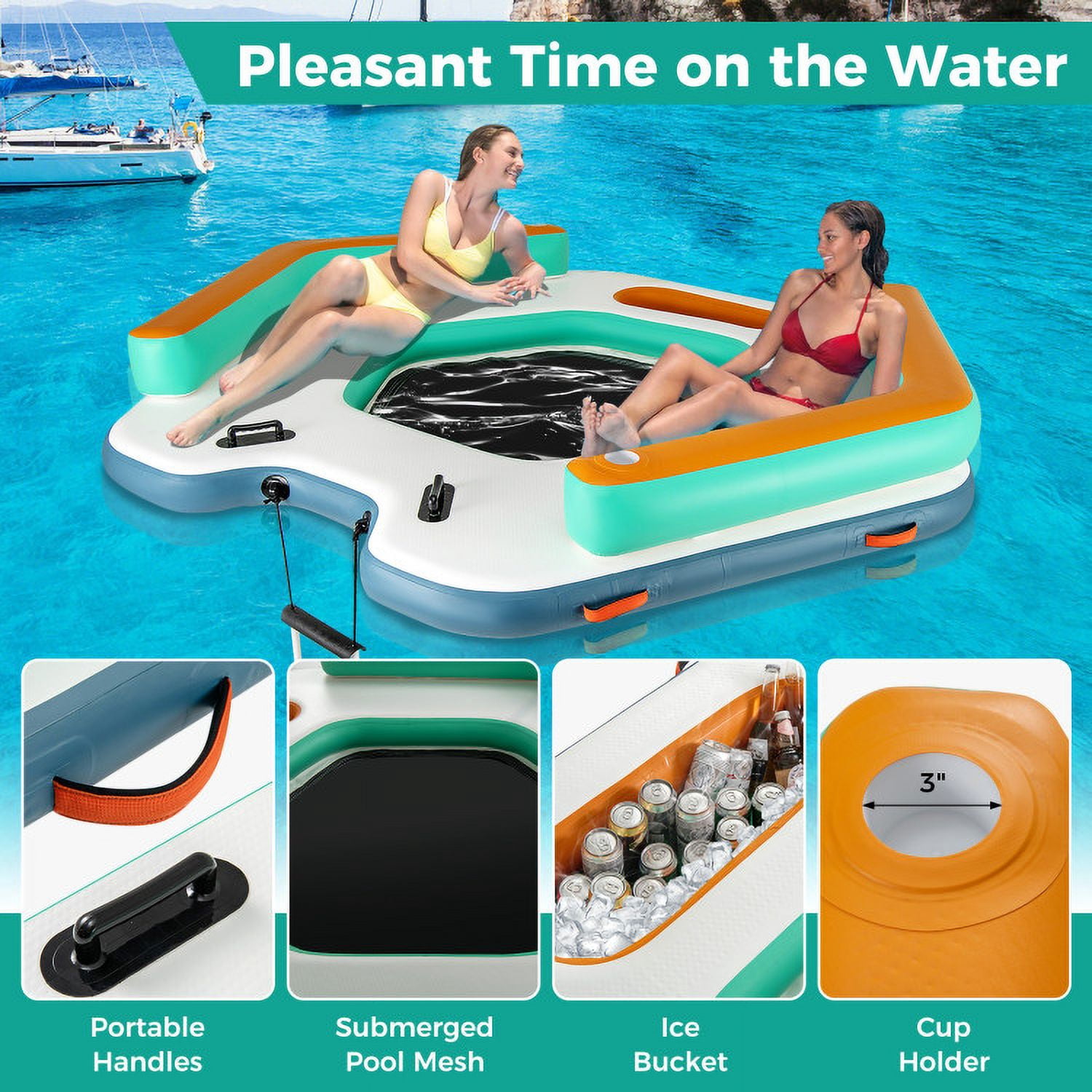 Spaco 8.7 Feet Inflatable Floating Dock, Inflatable Floating Dock with Detachable Ladder and Mesh Swim Lounge, Comfortable Floating Lounge for Outdoor, White
