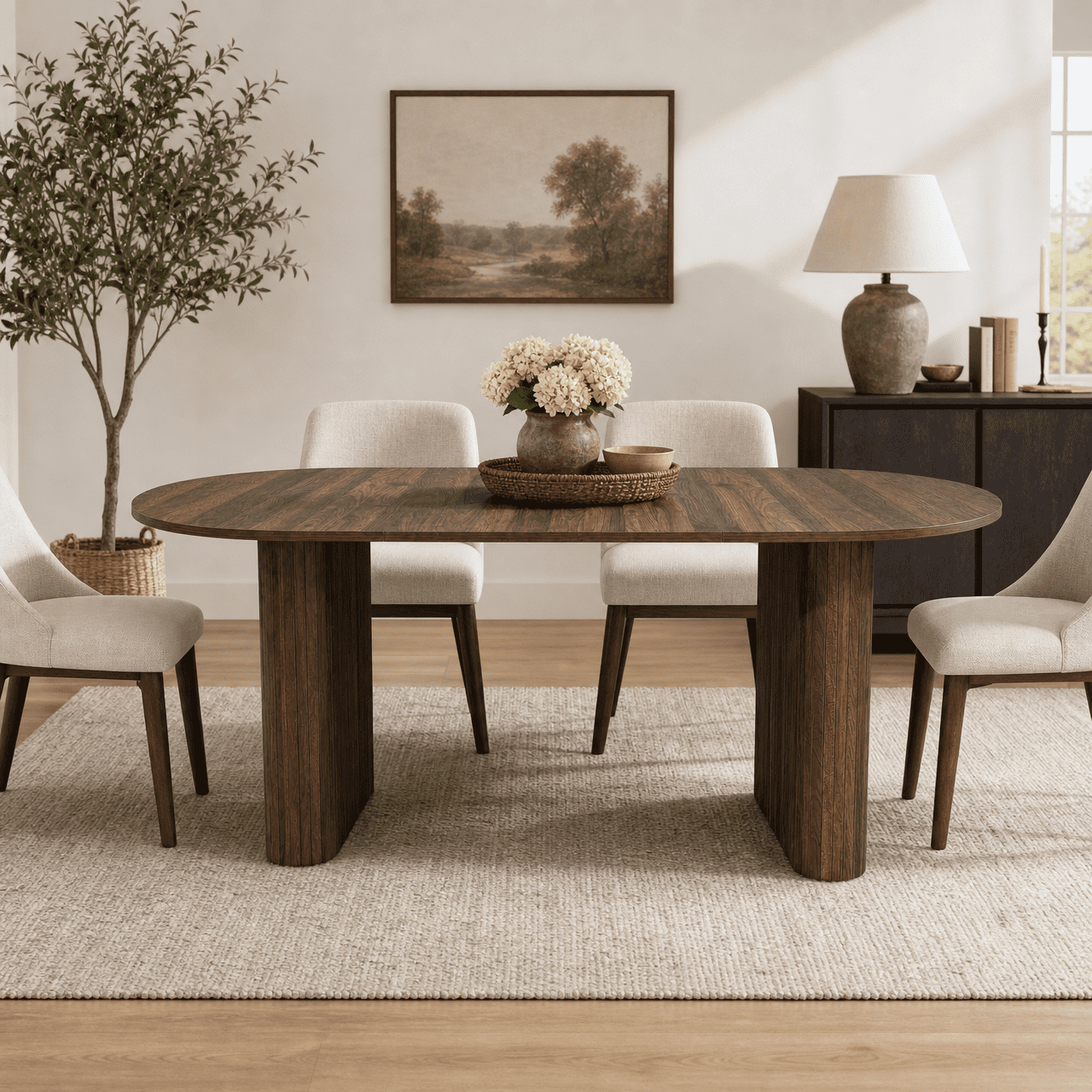Oval Dining Table 70.87 Inch, Farmhouse Kitchen Table with Wood Strip Metal Base and Rounded Edges, Living Room and Reception Furniture, Walnut Brown