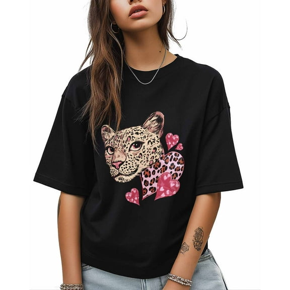 Women's Graphic T-Shirt Black XS Women's Tops Leopard Love Heart Crew Neck Short Sleeve Shirts for Women