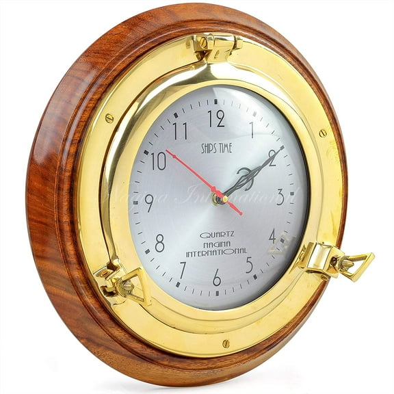 Nagina International 12" Solid Brass Embossed Wall Pothole Clock | Home Decor Furniture Ideas | Premium Wooden Finish Base with Silver Time's Dial | Occasion Collectible Gifts Ideas