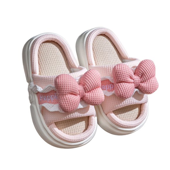 Toddler Slippers,Girls Slippers Breathable Linen Indoor Footwear Cartoon Bow Design Comfortable Soft Sole Toddler Home Shoes,Kids Slippers,Pink,2-2.5 Years