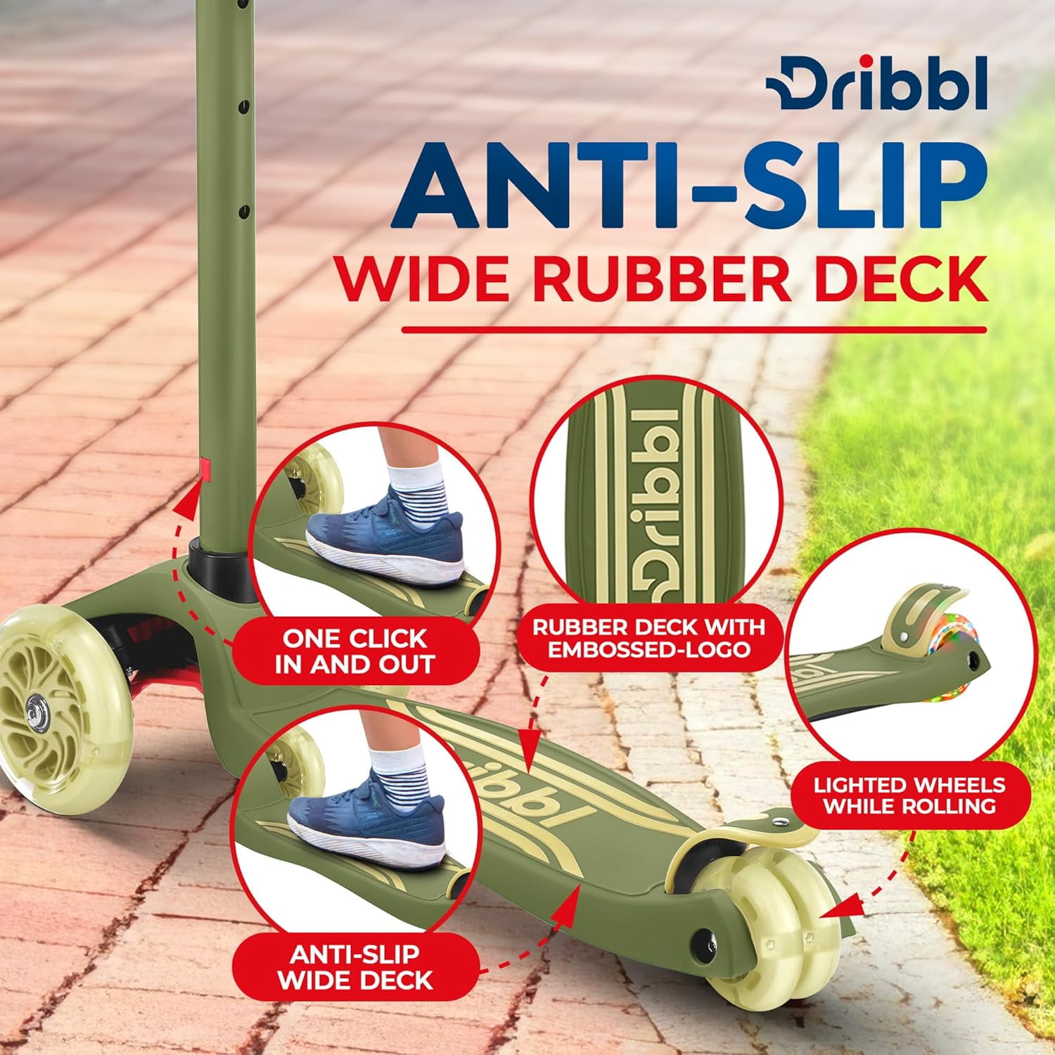 Dribbl 3-Wheel Kids Scooter - Lean-to-Steer Technology, Adjustable Height Handlebar, Wide Anti-Slip Deck, Scooter for Boys & Girls Ages 2+, Child Safety Approved, Support Riders Up to 165 lbs, Army