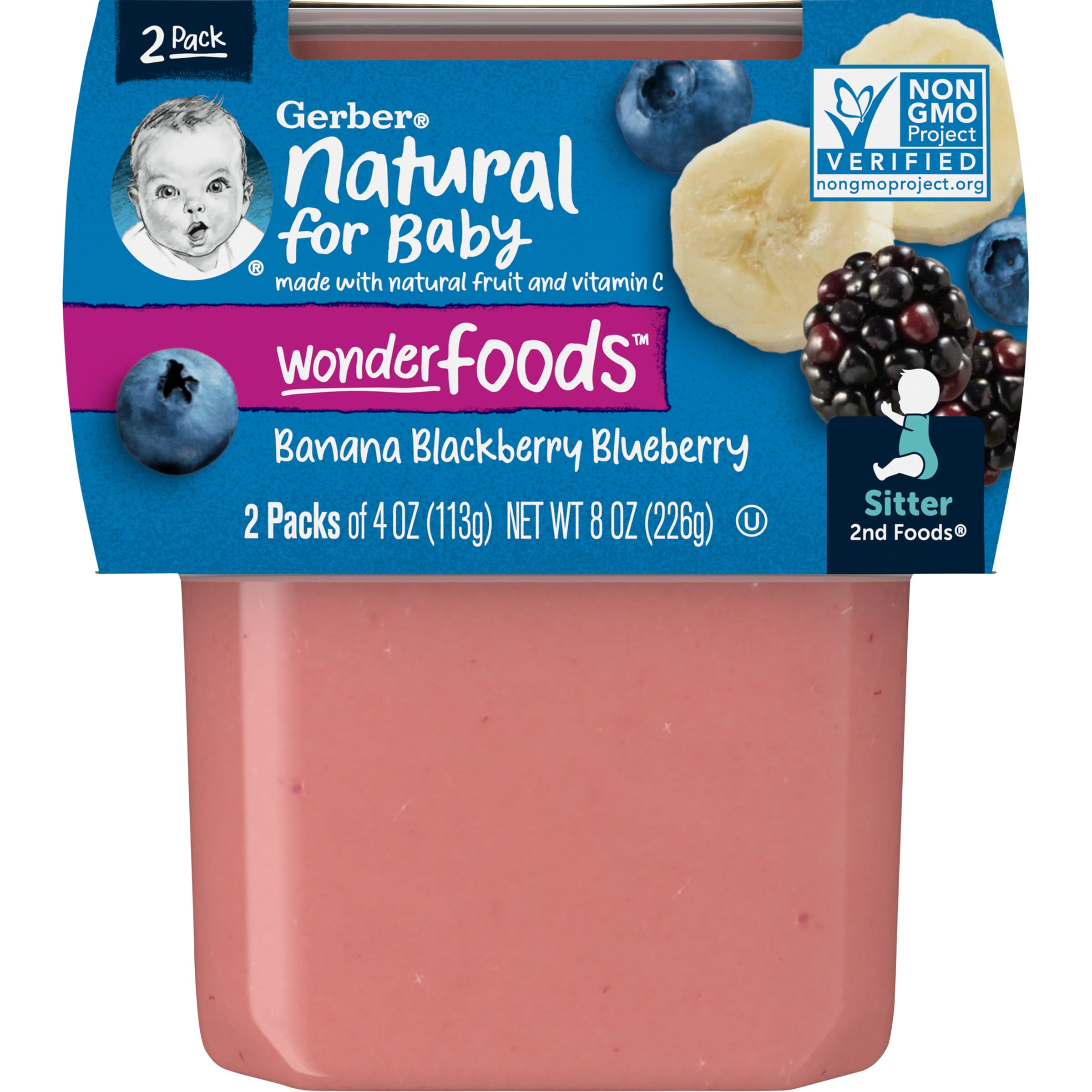 Gerber 2nd Foods Natural for Baby WonderFoods Baby Food, Banana with Mixed Berry, 4 oz Tubs (2 Pack)