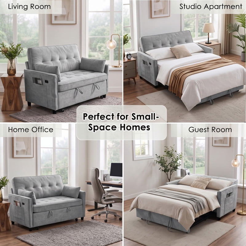 Anpport 54" 3‑in‑1 Convertible Sofa Bed, Towel Fabric, 3‑Position Adjustable Backrest with USB Charging Ports, for Living Room, Apartment, Medium Gray